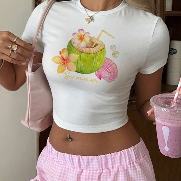 Casual Minimalist Coconut And Starfish Pattern Round Neck Short Sleeve Crop Top - Picture 3 of 4